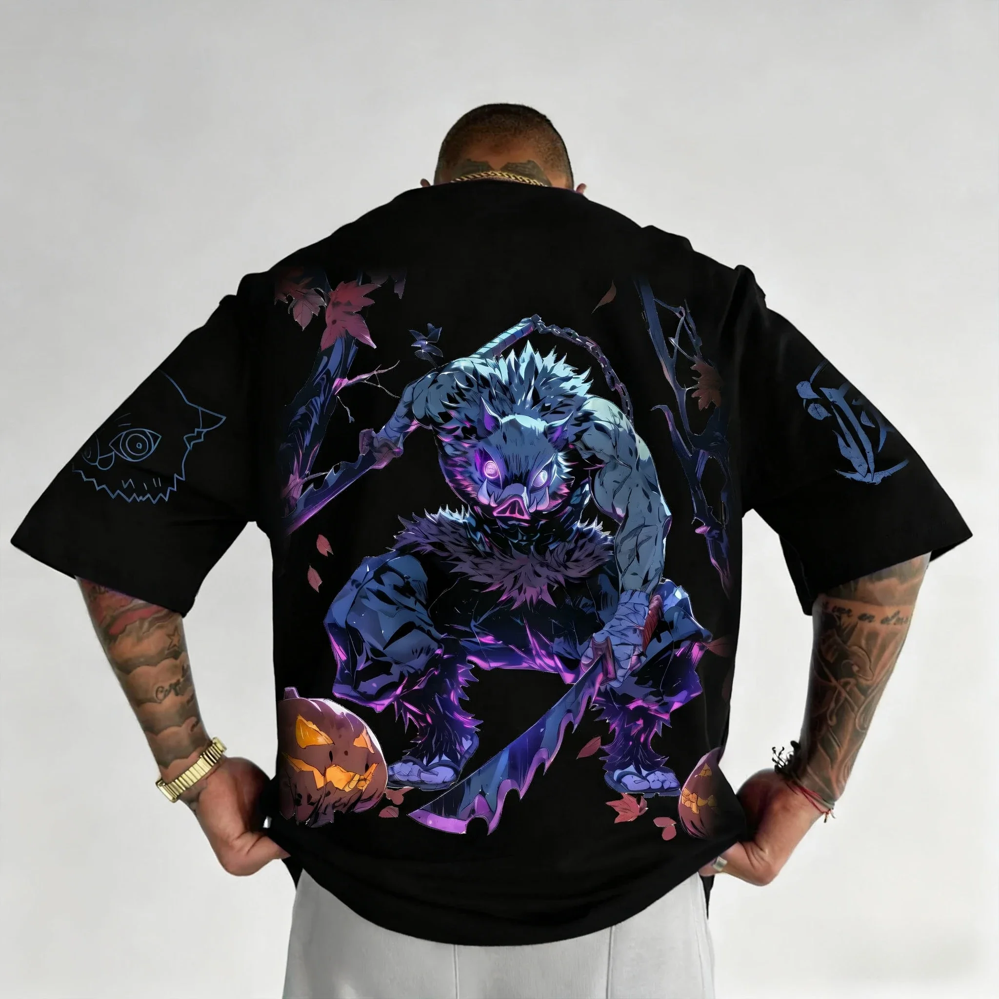 귀멸의 칼날 애니메이션 할로윈 콜라보 프린트 티셔츠 여름 남성용 신상 하라주쿠 캐주얼 루즈핏 부모-자녀 반팔 상의