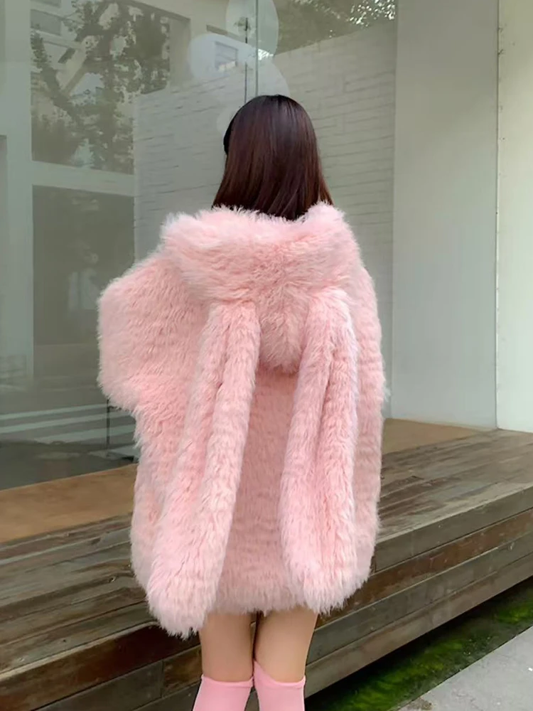 Winter Faux Lamb Fur Coats for Women Fashion Thick Warm Cute Rabbit Hooded Jacket Y2K Korean Elegant Loose Soft Outerwear new