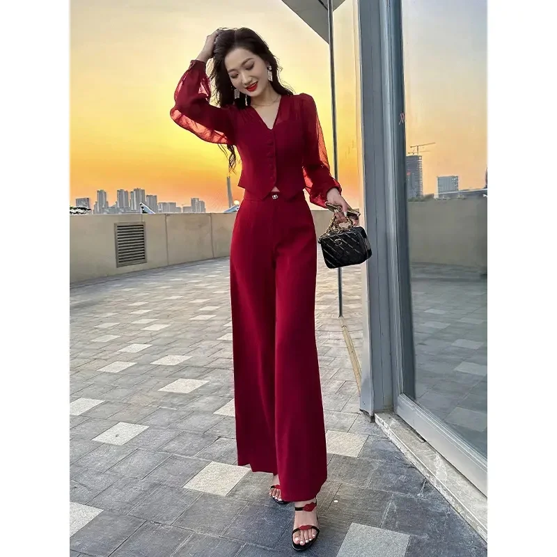 Fashion Ladies Spring Suits Women\'s Shirt Lace Top Wide Leg Pants Two-Piece Set 2023 Summer Set Female Elegant Wine Red Black