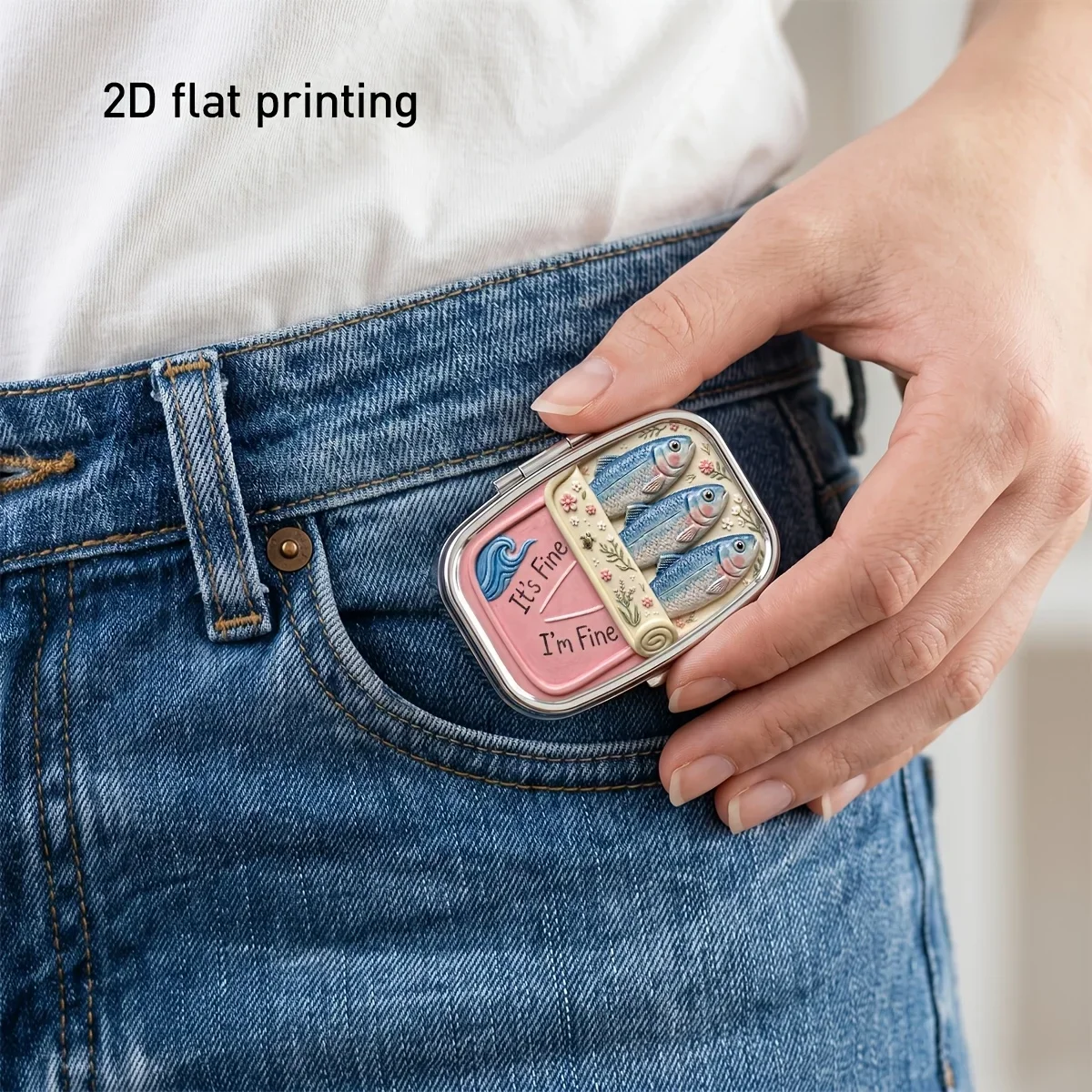 1Pc Retro Sardine Can Pattern Metal Pill Box, 2-Compartment Portable Pocket Storage Case for Pills Vitamins, Travel Gift