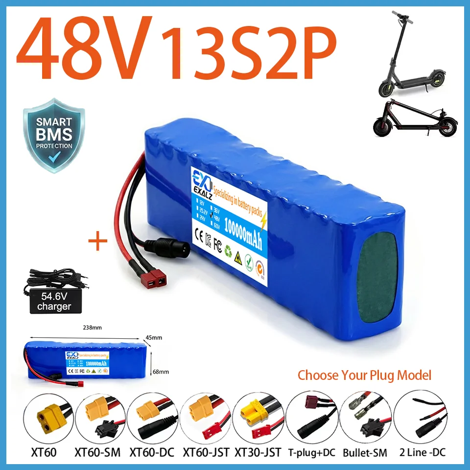 Batterie de Scooter électrique 48V, 13S2P, 100ah, 18650, Pack au Lithium pour vélo électrique, moto, bricolage, BMS + chargeur 54.6V