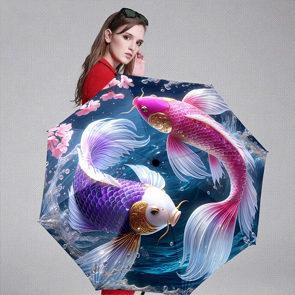 Japanese Koi Fish and Cherry Blossoms Pattern Design portable waterproof sun rain umbrella for outdoor travel beach