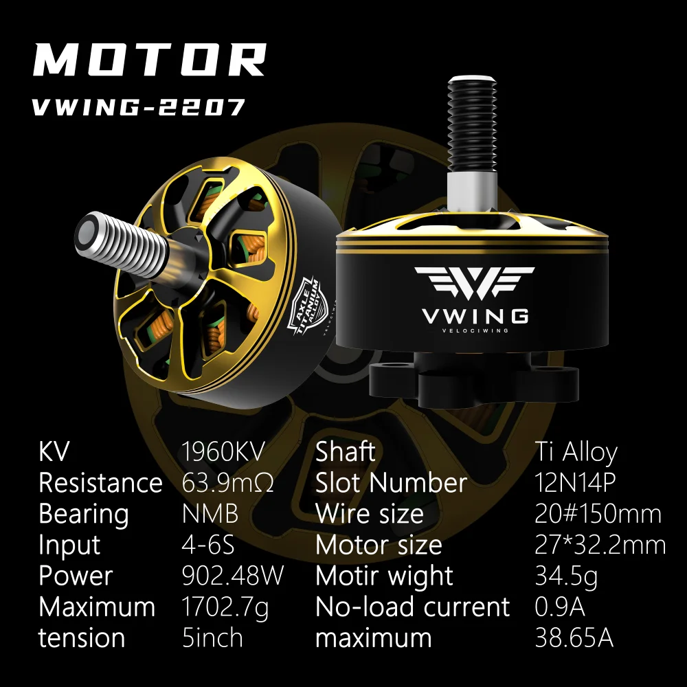 Velociwing VWING 2207 1960KV FPV Motor 12n14p Nmb Bearing Ti-alloy Shaft 240℃ Heat-resistant Wire 4-6s 34.5g For 5inch Drone