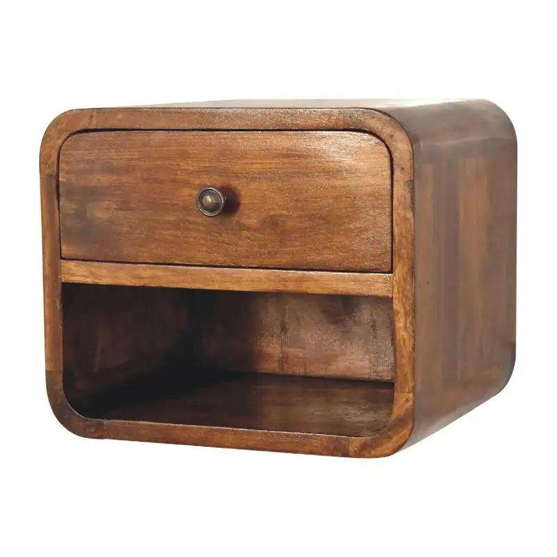 Mini Solid Wood Floating Nightstand with Drawer and Open Slot in Chestnut Finish