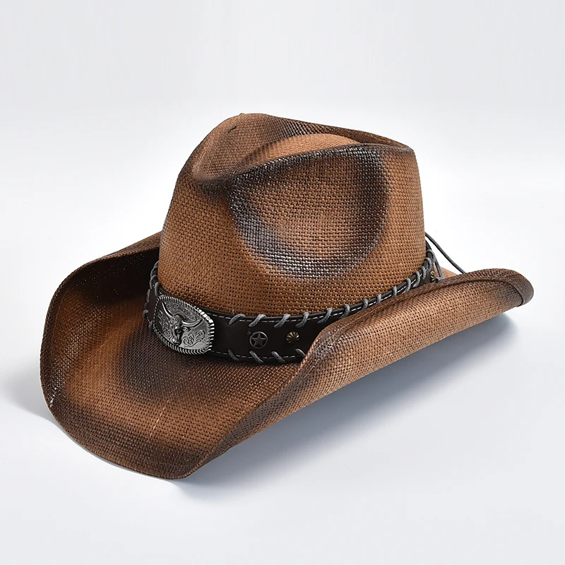 

New Men's Women's Vintage Western Cowboy Hat Handmade Straw Weaving Beach Sun Hat Gentleman Lady Cowgirl Jazz Hat