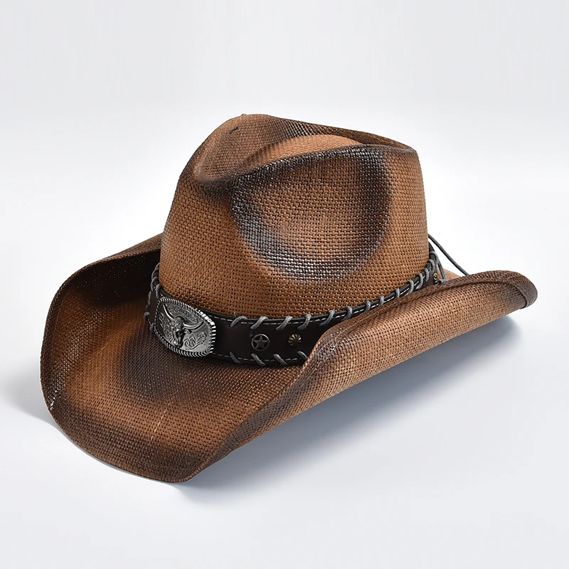 Nowy męski damski Vintage Western kowbojski kapelusz ręcznie robiony słomkowy kapelusz przeciwsłoneczny na plażę Gentleman Lady Cowgirl Jazz Hat