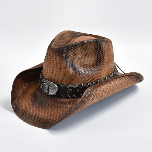 Nuevo sombrero de vaquero occidental Vintage para hombre y mujer, sombrero tejido de paja hecho a mano para el sol en la playa, sombrero de Jazz para caballero y mujer