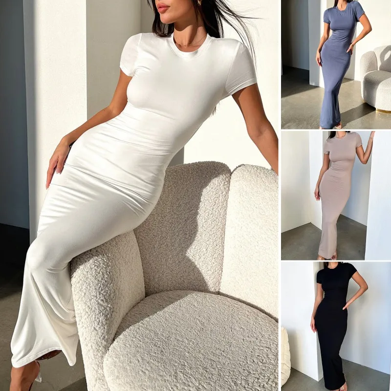 

Women's Dresses Summer Female Solid Color Temperament Slim Fit Short Sleeved Dresses Round Necked Fashionable Design Long Skirt