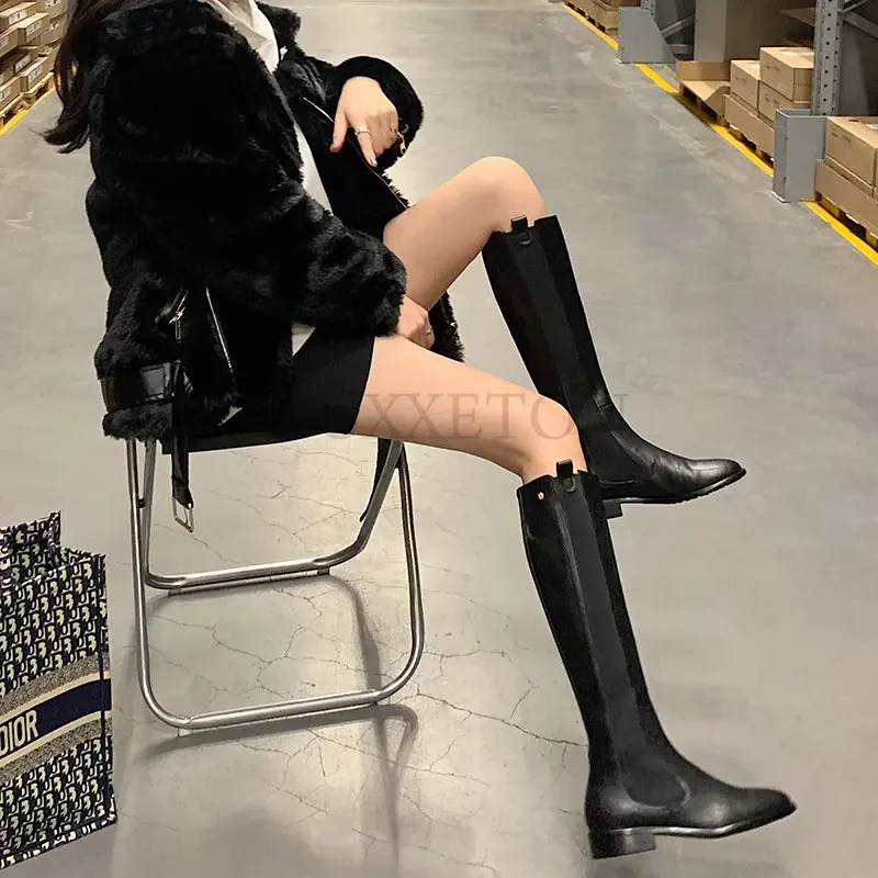 Genuine Leather Women Chelsea Boots Leather Knee High Heels Casual Woman Socks Shoes Platform Spring Winter Knee Boots