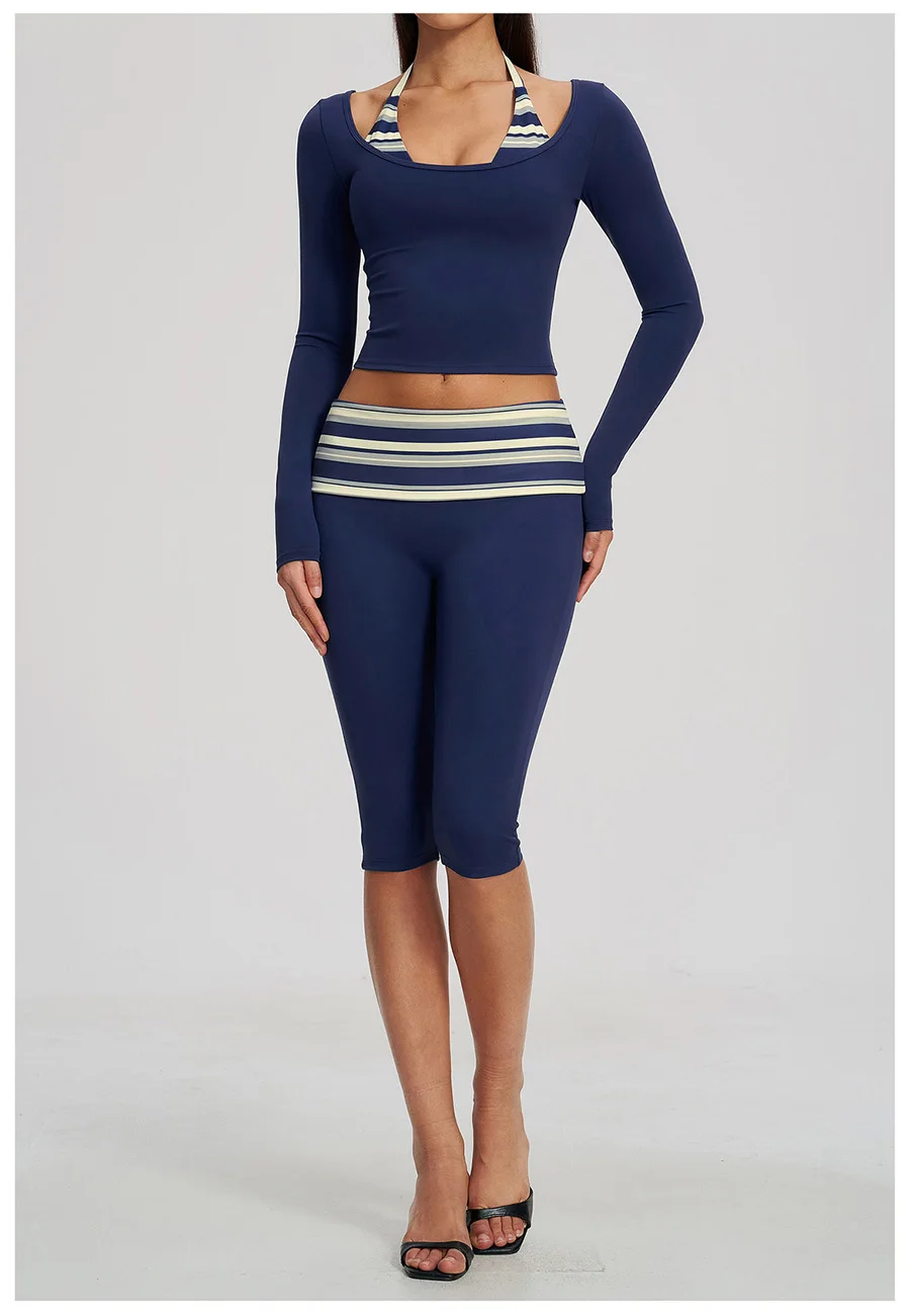 2-teiliges Yoga-Set, Damen-Trainingsanzug, modisches, gestreiftes Workout-Set, Gym-Shorts, Outfit, hochtailliert, Po-Lifting, lange Ärmel, Yoga-Kleidung – Detail 4