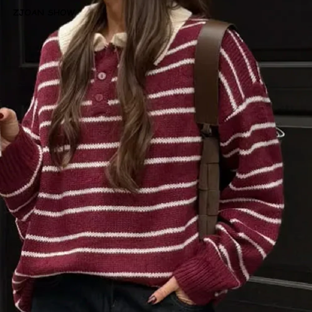 

Осень 202, вязаный свитер с открытыми пуговицами и лацканами в горизонтальную полоску, женский свободный пуловер с длинными рукавами, трикотаж, джемпер большого размера