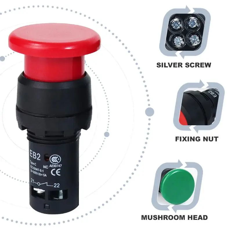 EB2 Red Green Mushroom Push Button Switch Self locking Momentary Switch On Off Big Start Stop Enter Button without Fixation 5A