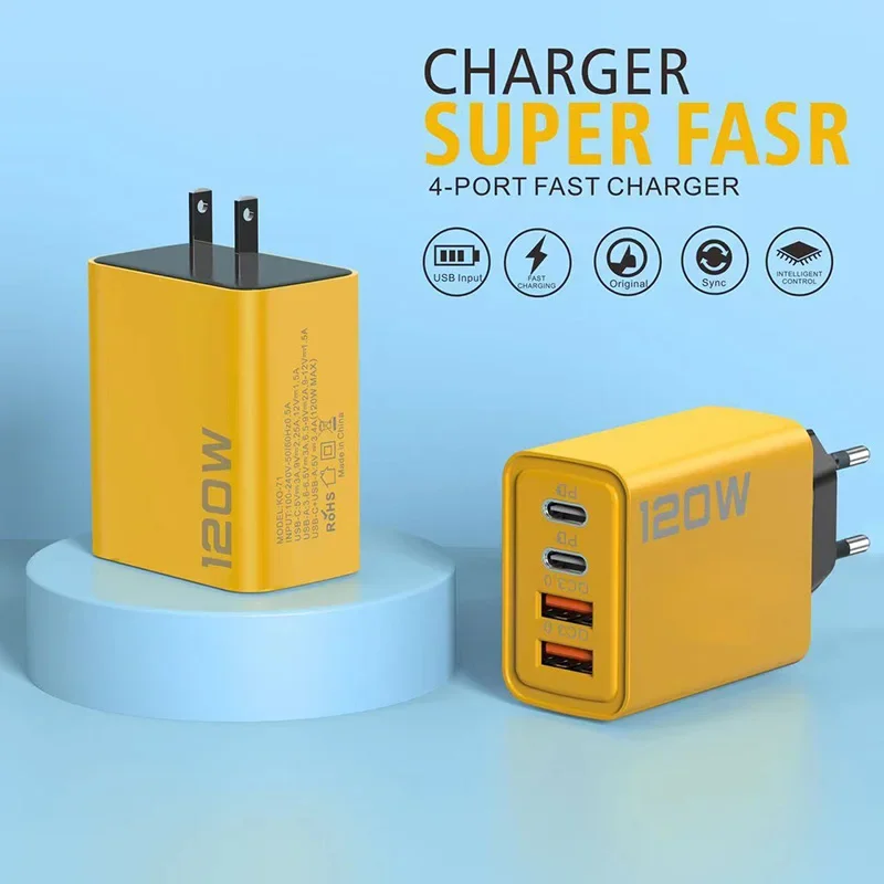 Fast Charging 120W 4 Ports Mobile Phone Charger QC USB Type C Chargers Dual PD 3.0 Wall Adapter EU US Plug for IPhone15 Xiaomi