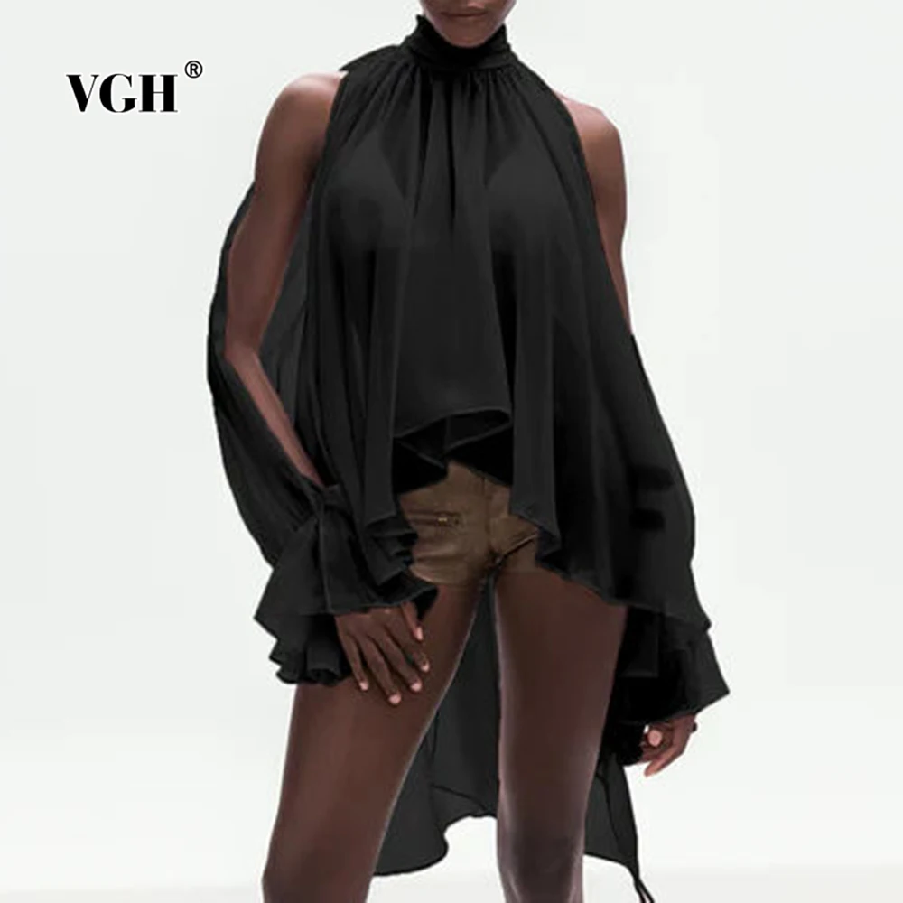 

VGH Solid Casual Slimming Blouses For Women Turtleneck Long Sleeve Spring Temperament Irregular Shirts Female Fashion Style New
