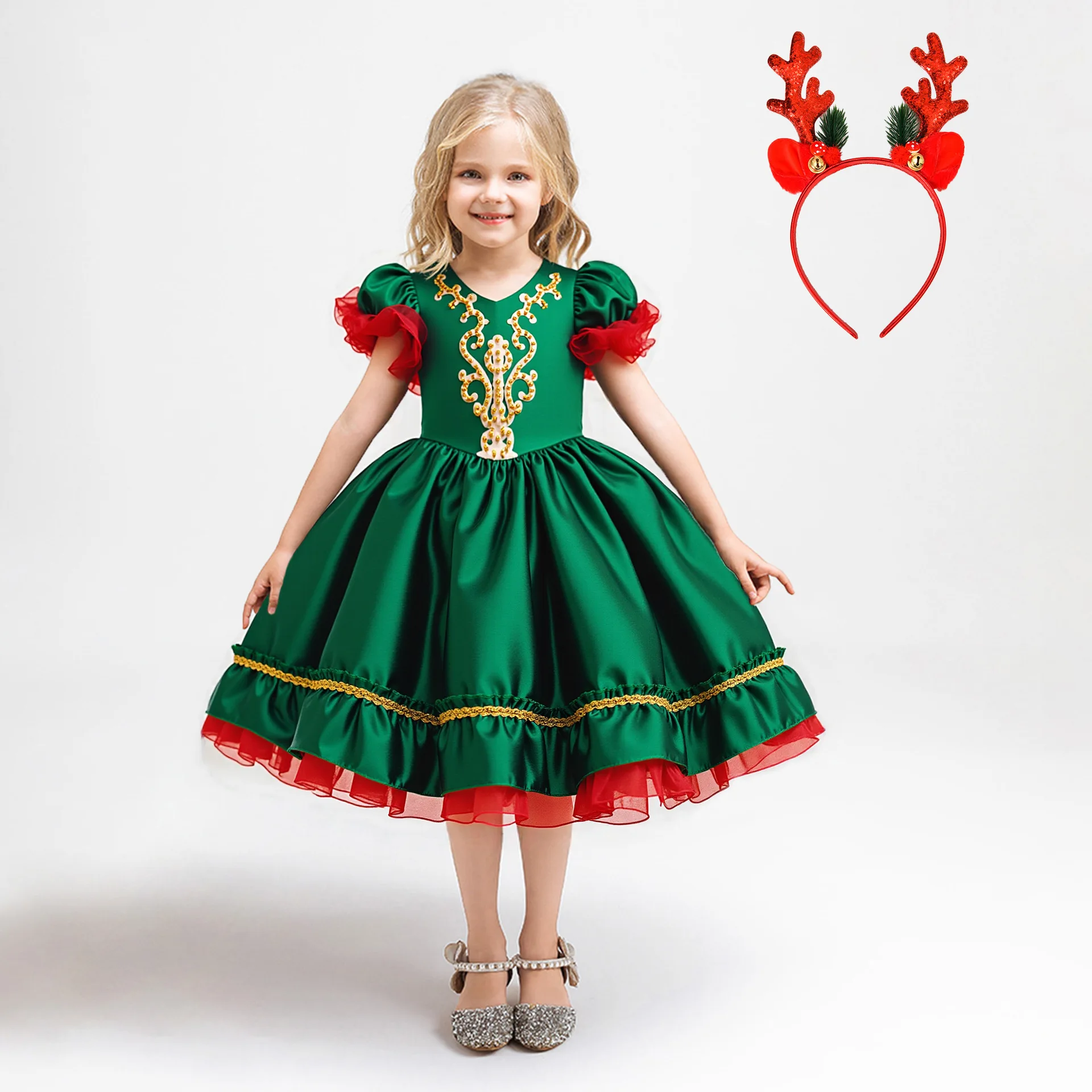 

New Christmas Costume Cosplay Elf Bubble Sleeves Bow Mesh Princess Dress Holiday Theme Party Role Playing Outfits for Girls