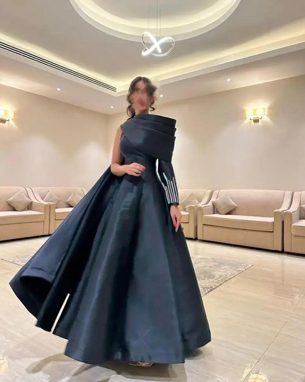 Customized Vintage Black O Neck Evening Dresses One Shoulder Long Sleeve Pleated Beadings Floor Length Formal Party Prom Dresses