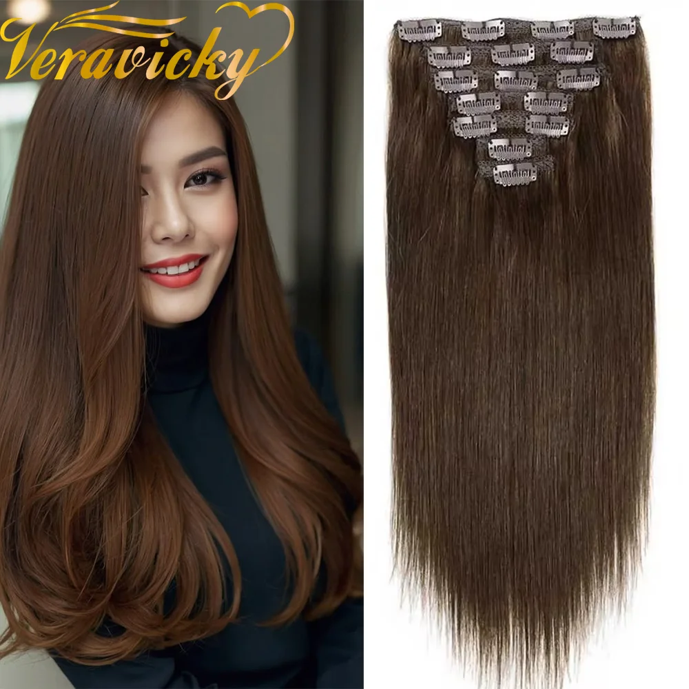 Veravicky 110g to 200g Volume Series Chestnut Brown Straight Volume European Human Hair Clip In Extensions Full Head 14