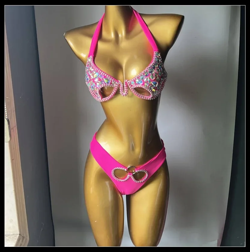 

2025 Sexy Rhinestones Brazilian Bikini Woman Swimsuits Crystal Swimwear Bandeau Bikini Thong Biquini Swim Suits Beachwear