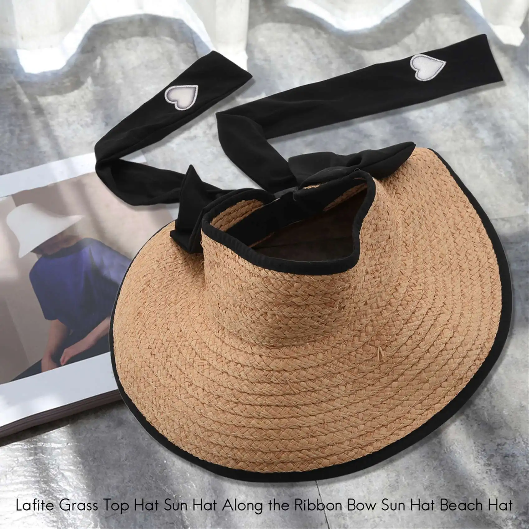 Lafite Grass Top Hat Summer Version Folding Sun Hat Along the Ribbon Bow Sun Hat Beach Empty Top