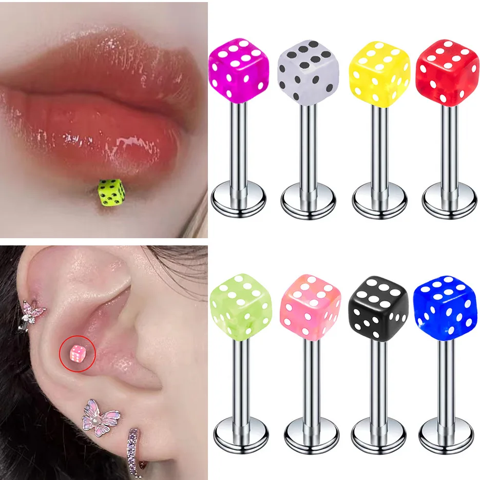Trendy Dice-Shape Bright-Acrylic Piercing Lip Ring With Barbell Plus Labret Stud Plus Dainty Earrings For Women Daily Party Gift