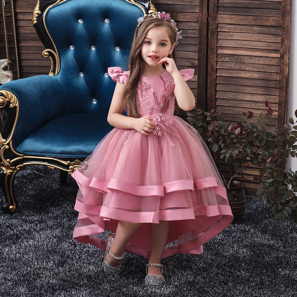 Bean Sand Tail Wedding Bridesmaid Dress Children's Elegant Banquet Dress Children's Round Neck Sleeveless Dress Girl