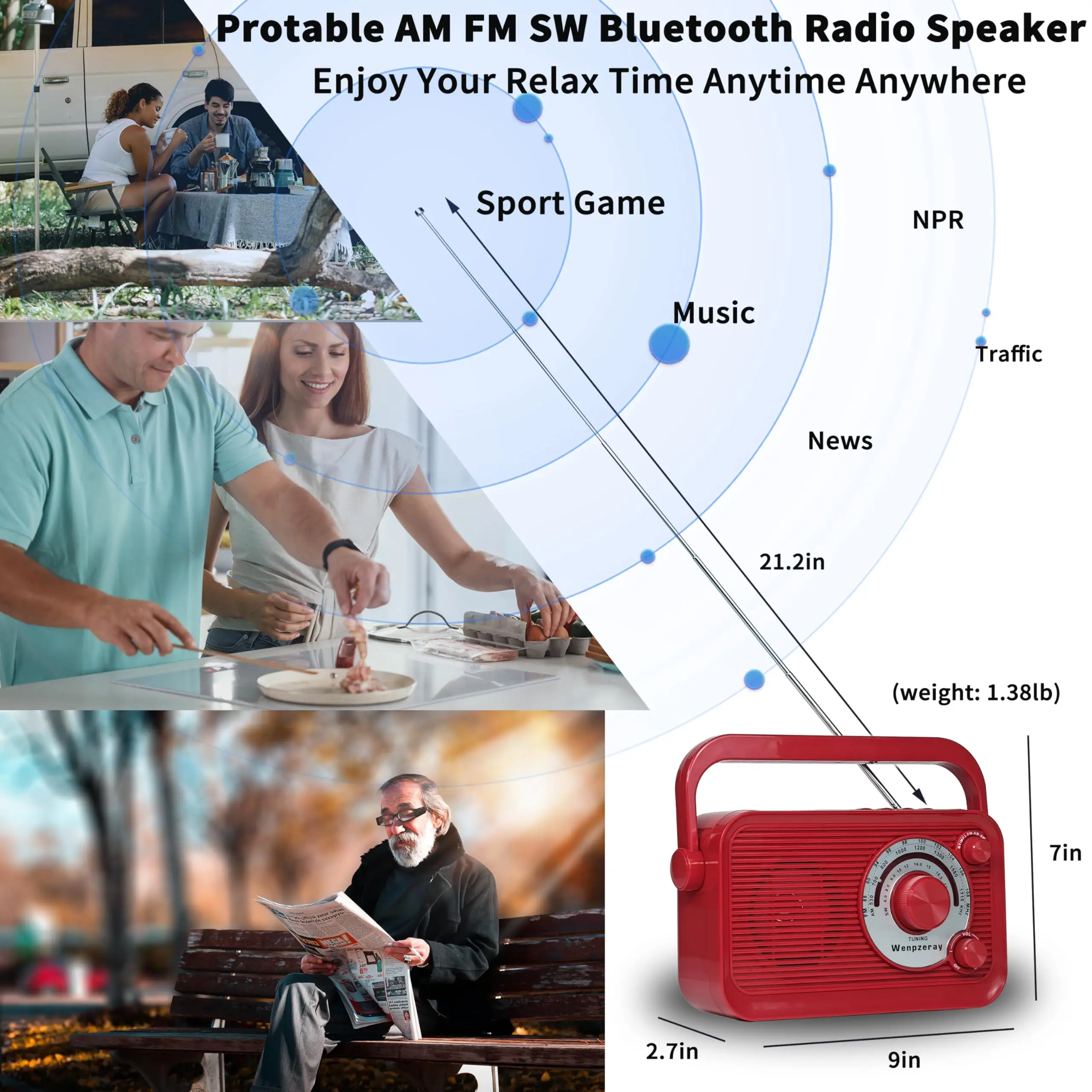 Wenpzeray D218 Retro Portable AM FM SW Radio Great Sound BT Speaker Battery Operated Good Reception with USB/TF Card Jack （Red)）