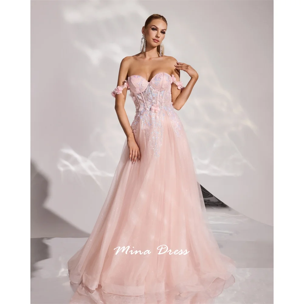 

Mina Sequins Long Prom Dresses 2025 Beads Women's Prom Dress for Wedding Guests Light PinkCustomized Flowers Back-length Party