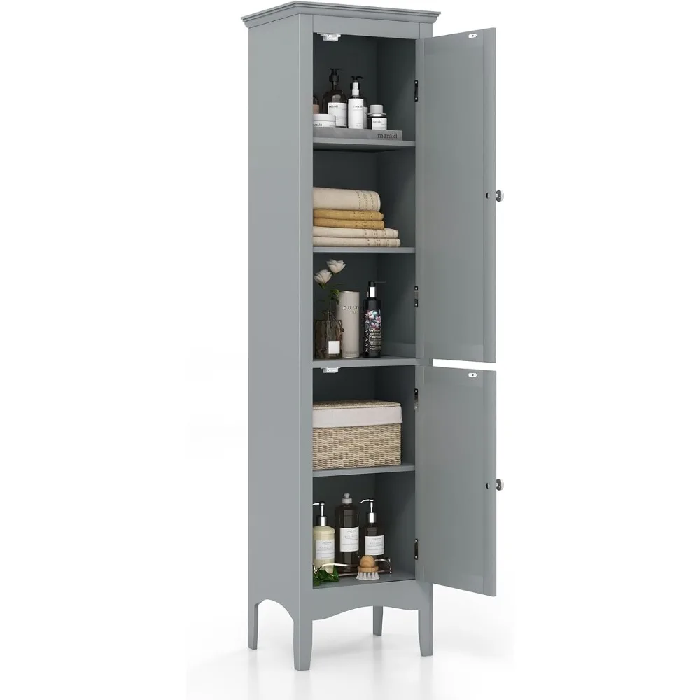 

Bathroom Storage Cabinet, 63" Freestanding Tall Narrow Floor Cabinet w/ 1 Adjustable Shelf & 2 Doors, Modern Slim Wooden Bathro