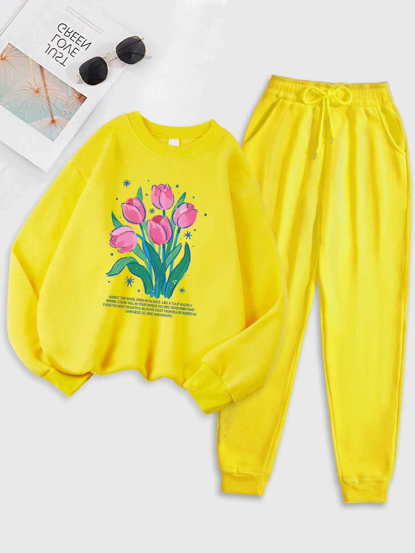 

Beautiful Tulip Oil Painting Print Sweatshirt Suit Women Comfy Sport Sweatshirts Warm Autumn Streetwear Casual Loose Hoody Set