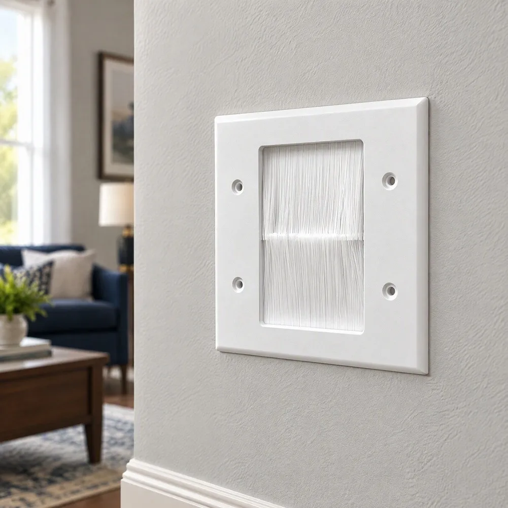 Cable Routing Panel Flush Mount Wall Plate with Brush Strip PC Material 116x114mm White for Low Voltage Cables