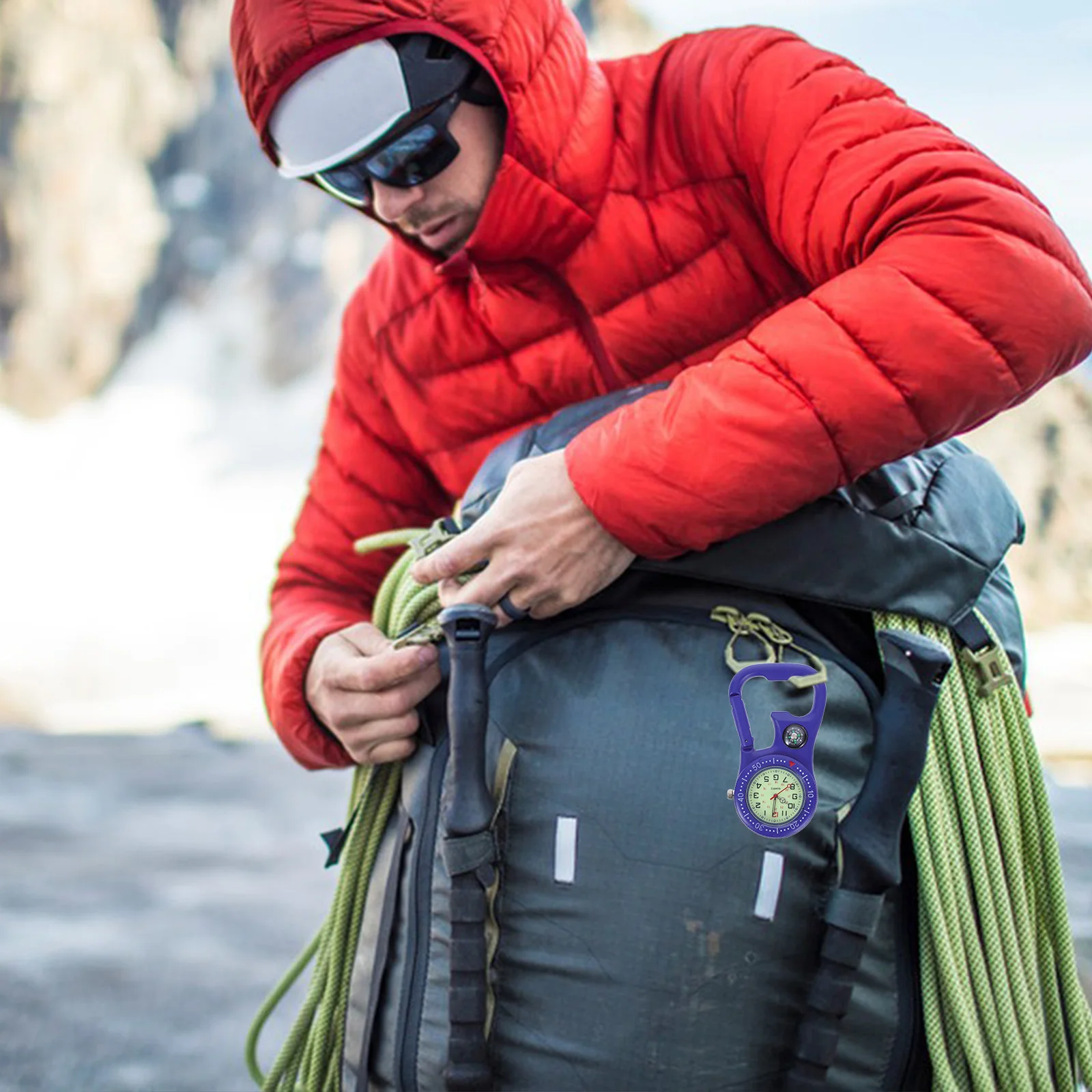 

Clip-on Carabiner Blue Backpacker Multifunction Luminous Watch Compass Bottle Opener Waterproof Sports Backpacker Watch