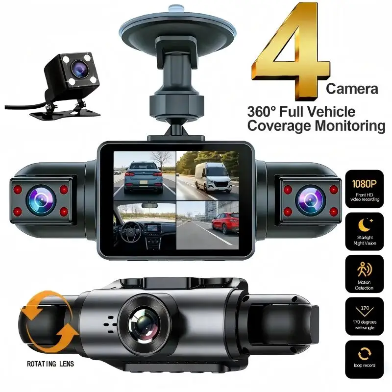 Car Dash Cam 4 Channel Black Box  Video Recorder FHD 1080P Front Left Right Rear Night Vision Loop Recording Auto parts