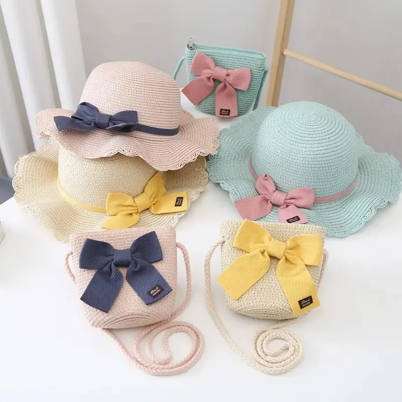 2 Pcs Children Straw Hat and Shoulder Bag Set Girls Summer Outdoor Beach Cap Cute Bow Travel Beach Sun Hat Bag