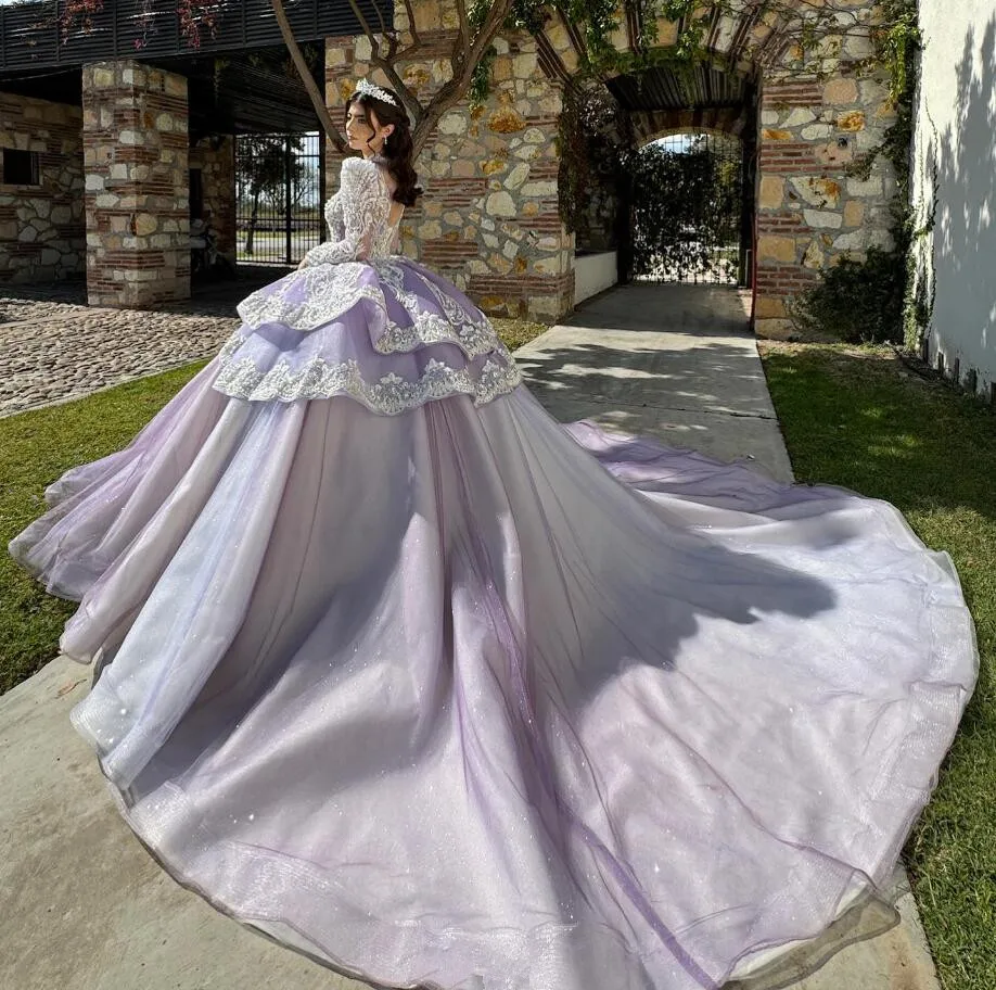 Lila Lavendel Print cess Quince anera Kleider Langarm Glitter Applique Spitze Schößchen Vestidos de 15 Años Quinceañeras 2024 Lujo