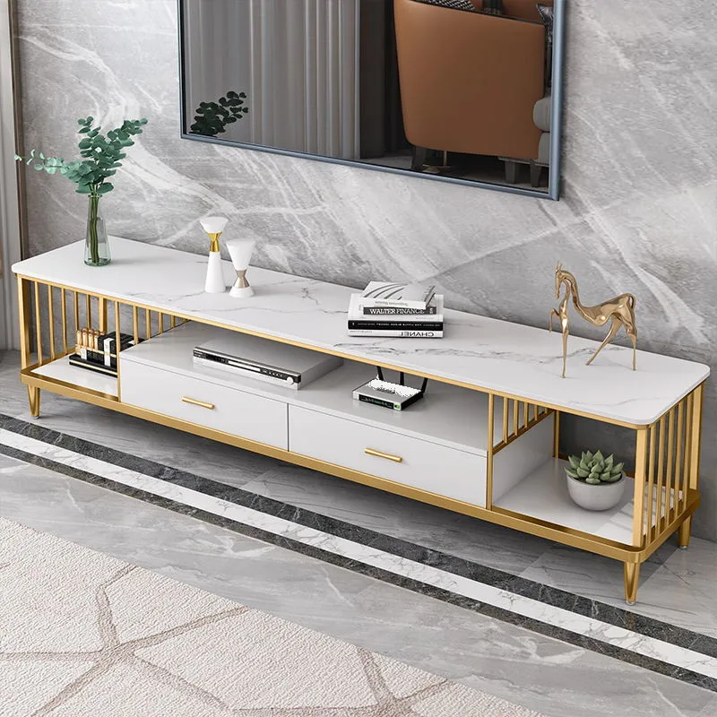 

Floor-to-ceiling double-layer audio-visual cabinet, wrought iron hollow rock slab TV cabinet, rectangular coffee table with draw