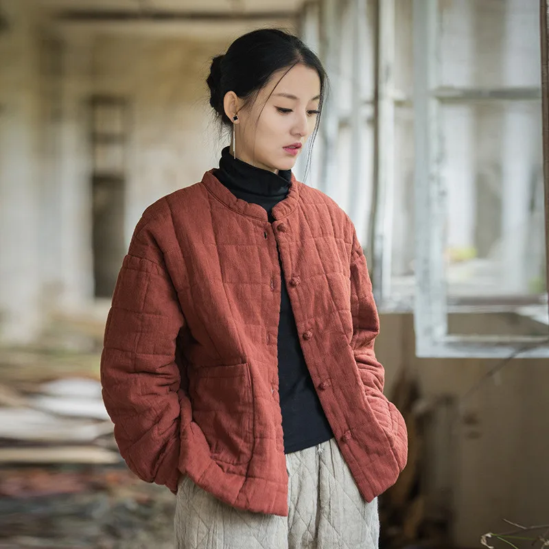 New 2026 Winter Cotton Linen Coats Women Casual Quilted Coats Vintage Solid Color Loose Female Cotton Linen Padded Jackets
