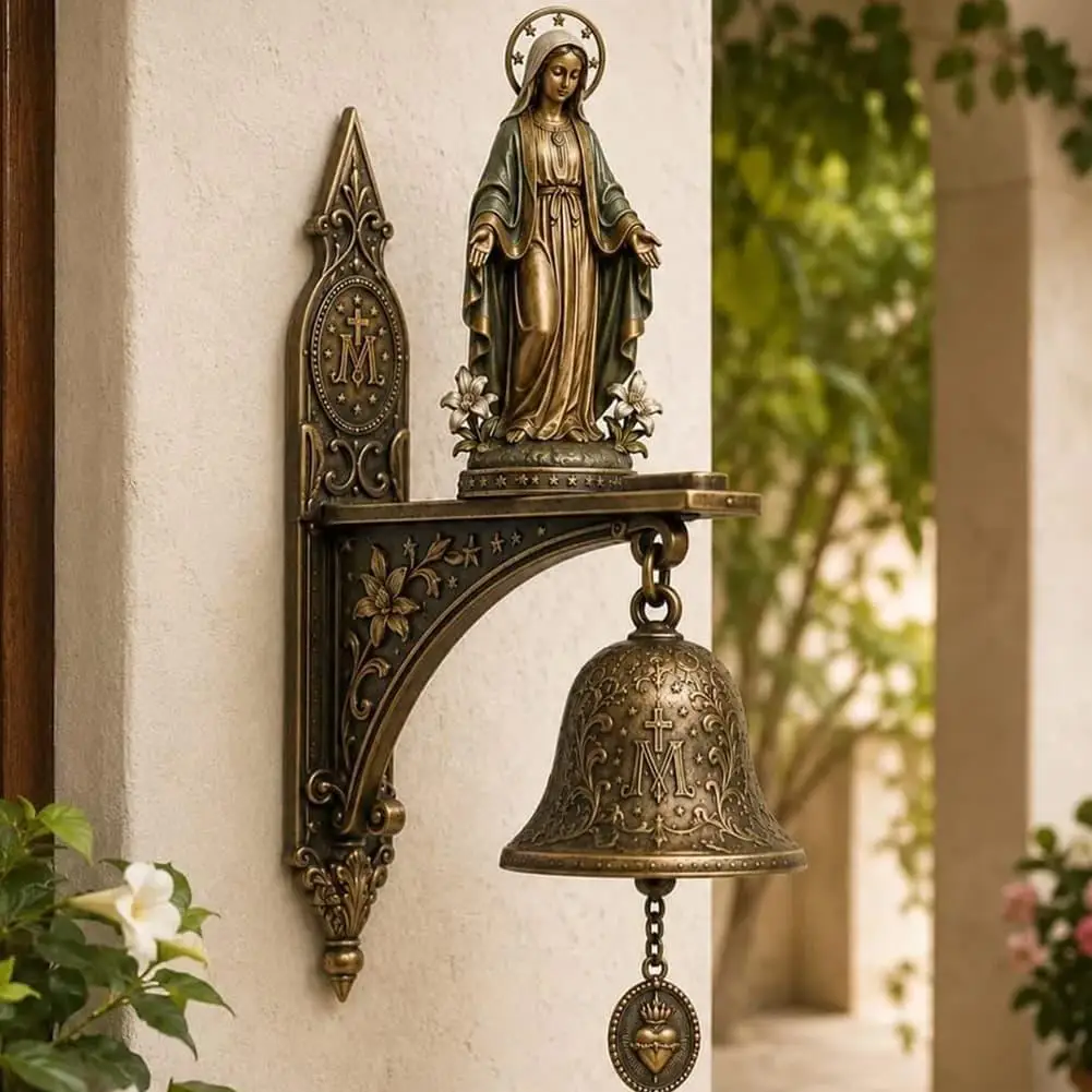 Sonnette de porte vintage avec alarme sonore puissante, statue de Jésus et de la Vierge Marie, décoration religieuse chrétienne pour la maison, verset biblique, carillon de porte
