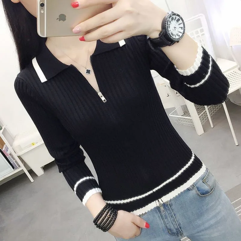 Autumn Spring Style Women Knitted Pullover Tops Lady Casual Zipper V-Neck Knitted Pullover Sweater ZZ0972