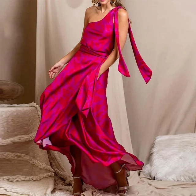 Kwiatowy nadruk Długie sukienki damskie Off Shoulder Lace Up Dress Loose High Waist Wedding Boho Elegant Summer Sexy Party Vestidos