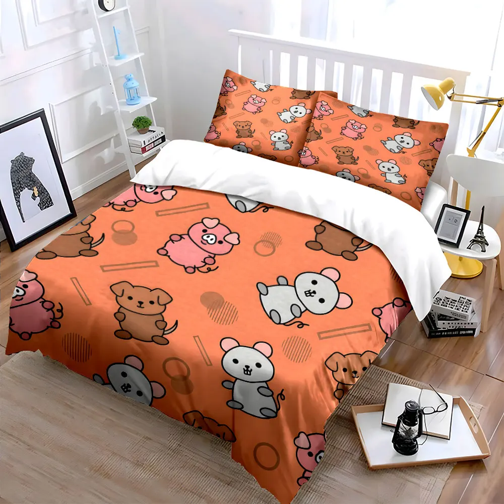 Cartoon animals on orange Pattern Duvet Cover Set Digital Print Colorful Polyester Bedding with Zipper Closur for kids gifts