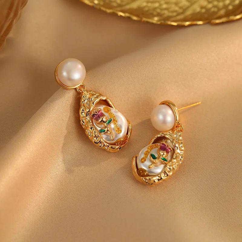 New personalized garden oil painting pearl earrings - luxurious pearl enamel rose flower multi-purpose earrings