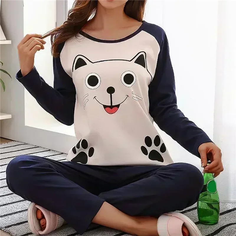 Cartoon Cotton Pajamas Women\'s Spring and Autumn Models Long-sleeved Home Service Women\'s Simple Loose Casual Suit Large Size