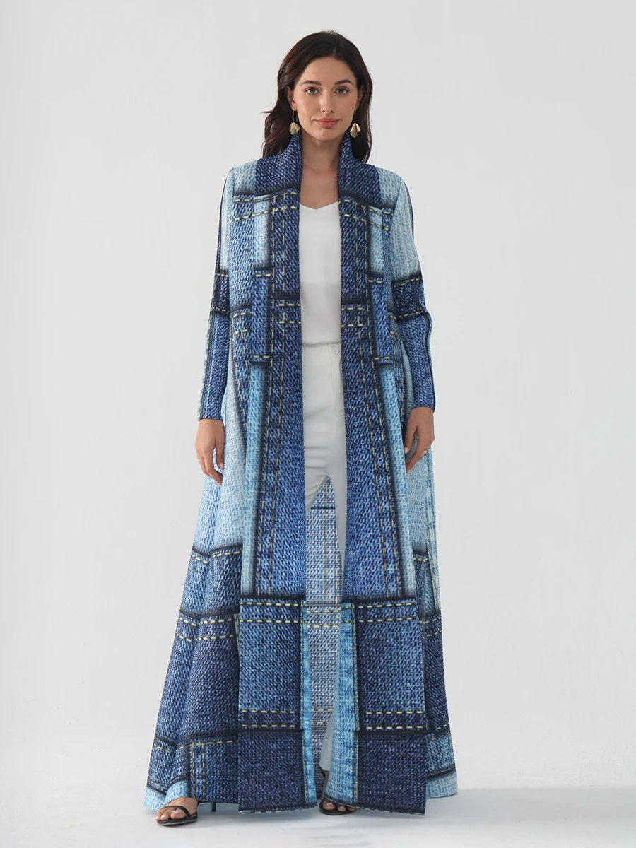 Miyake Pleated Original Printed Dubai Abaya Women 2025 Spring New Designer Fashion Elegant Long Sleeved Loose Dress Coats