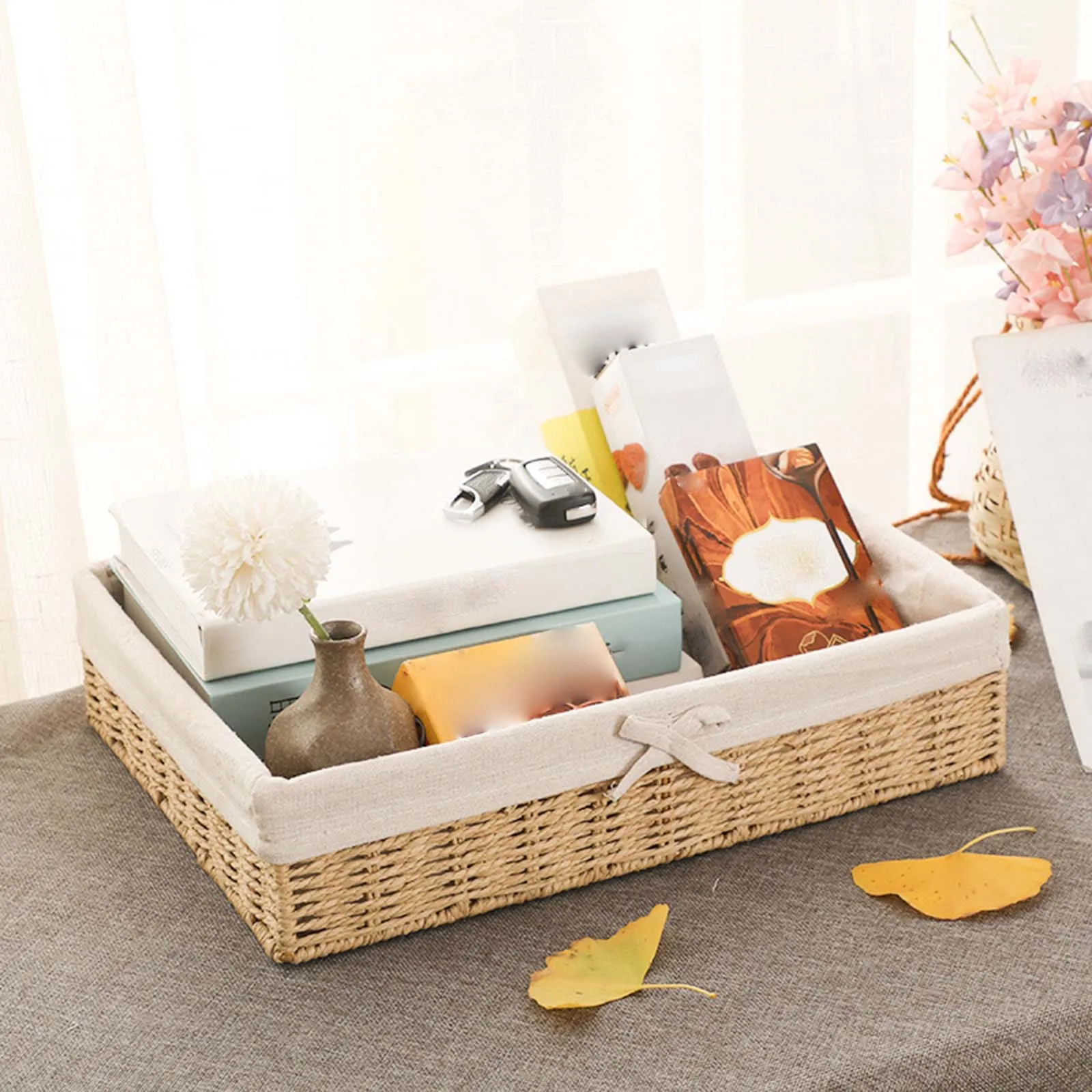 HandWoven Storage Basket Rectangular Desktop Storage Organizer Bins with Fabric Liner Stackable Jewelry Storage Organizer