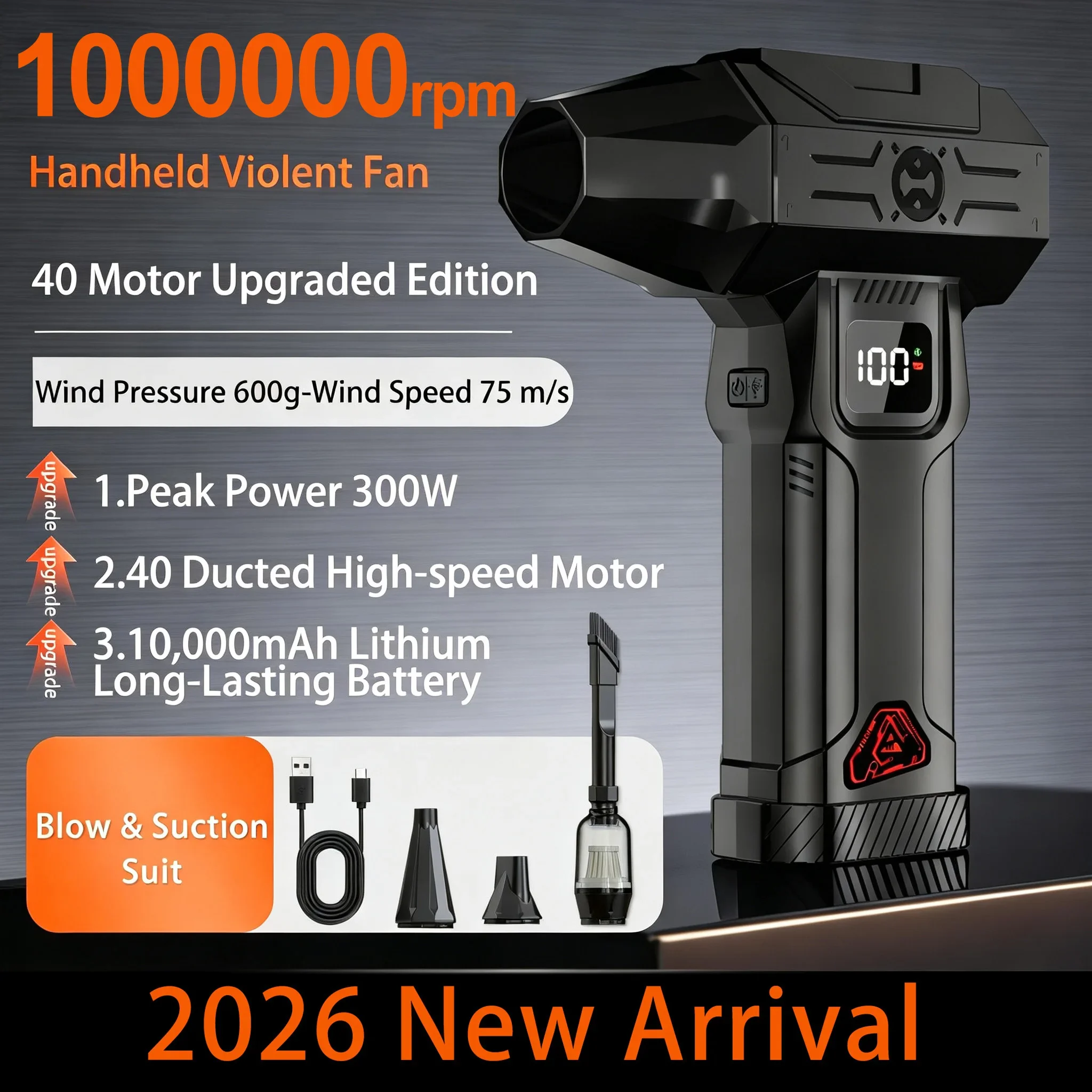 Upgraded 40‑Ducted Turbine Blower 1000000RPM 300W 5‑Speed LED Display Type‑C Portable for Home Car Outdoor Deep‑Cleaning