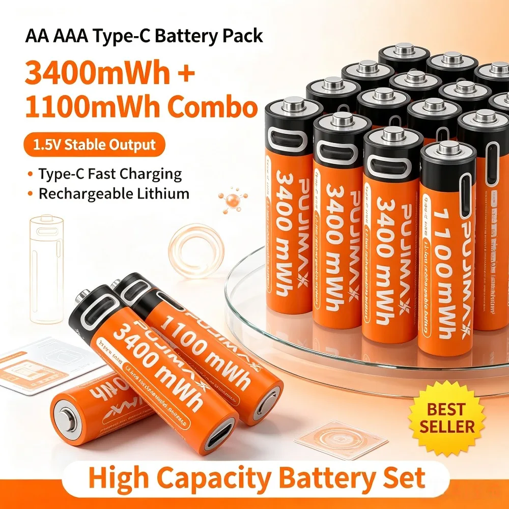 1.5V 3400mWh/1100mWh AA&AAA Rechargeable Lithium Battery,Type-C Port Charging Be Reused 1500 Times For Alarm Clocks