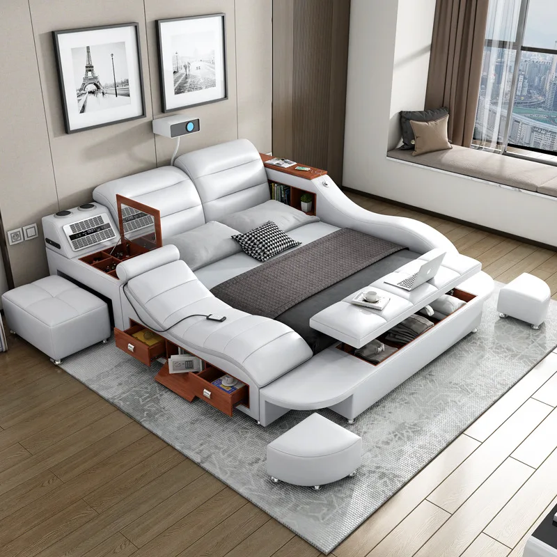 Intelligent massage tatami bed Modern simple multi-functional storage leather bed