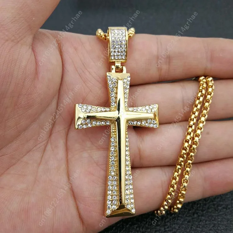 New hot sale Iced Out Cross Necklace Gold color with Filled Zircons Large Crucifix Pendant Necklace Mens Cool Jewelry