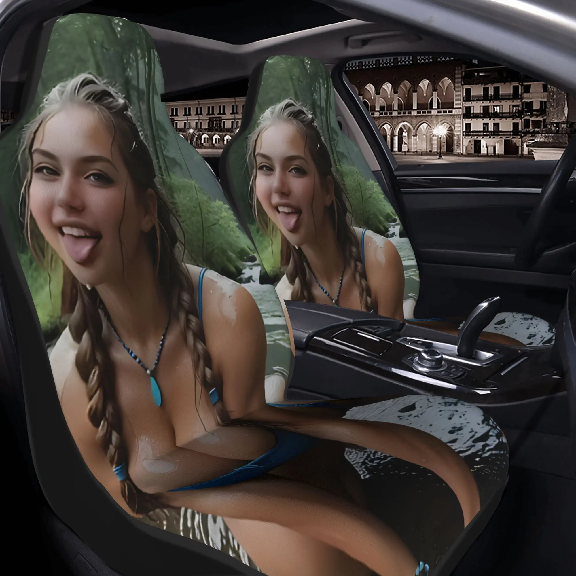 2pcs A Stunning Woman In A Blue Bikini Enjoys A Refreshing Dip In A Forest Stream On A Misty Day.Car Seat Covers, Suitable For A