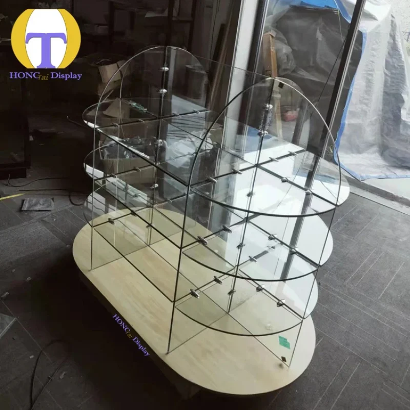 custom.Supermarket Retail Store Floor Standing Wooden Base Display Rack Frameless Round Glass Display Cabinet